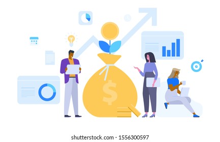 Modern design investment ROI concept. Business concept for Investment.  Business growth arrows to success. Dollar plant coins, graph and money bag. Chart increase profit. Finance stretching rising up.