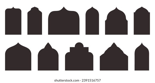 Diseño moderno de puertas, ventanas y arcos islámicos. Domo de mezquitas y faroles. Perfecto para Ilustraciones de Silhouette de vectores de Ramadán y Eid Mubarak.