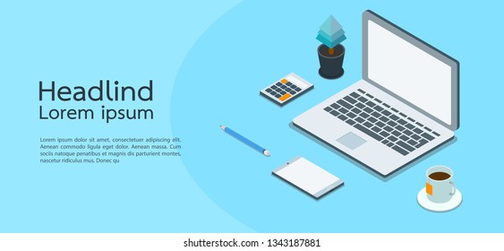 Modern design isometric concept business.Computer, laptop, smartphone on blue background.