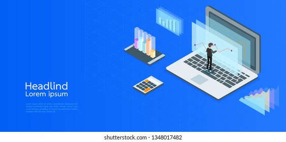 Modern design isometric concept business.Computer, laptop, smartphone on blue background.