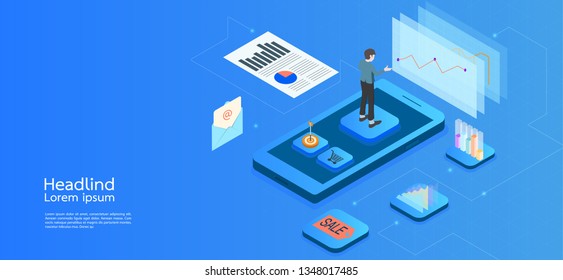 Modern design isometric concept business.Computer, laptop, smartphone on blue background.