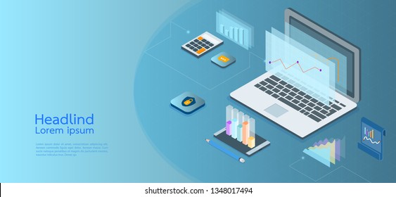 Modern design isometric concept business.Computer, laptop, smartphone on blue background.