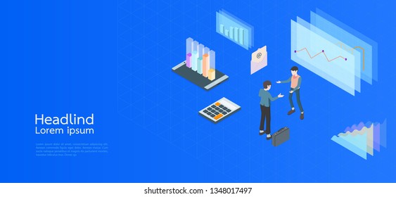 Modern design isometric concept business.Computer, laptop, smartphone on blue background.