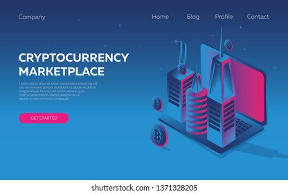 Modern design of isometric concept, cryptocurrency, 80s disco disco music, 3d background, neon, business, crypto currency marketplace, exchange, transaction process. Landing page template. 