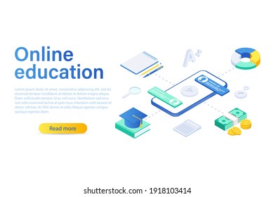 Modern design isometric concept of online education for website and mobile website. Landing page template. Vector illustration isolated on a white background.