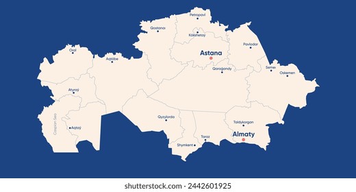 Modern design of Kazakhstan map with all big cities and provinces on blue background. Vector illustration with layers