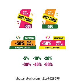 Etiquetas modernas de diseño, diseño de etiquetas. Conjunto de elementos de banner, colección de etiquetas de descuento, oferta especial. Coloridos y modernos stickers de sitios web de venta. Oferta especial 50% de etiquetas de descuento, etiquetas de venta. Ilustración vectorial.