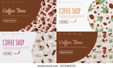 Modern design layout of an online coffee store. A ready-made template for use on the main page. It features a clean background, a variety of coffee cups and beans. 