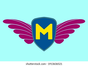 Modernes Design des Buchstaben M mit Schild und Flügel, geeignet für Logo, Symbole oder Vektorgrafik