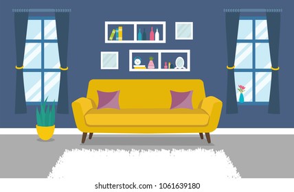 Modern design Living room interior. Design of room with a sofa,  window and decor accessories. 