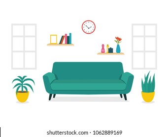 Modern design Living room interior. Design of room with a sofa,  window and decor accessories. 