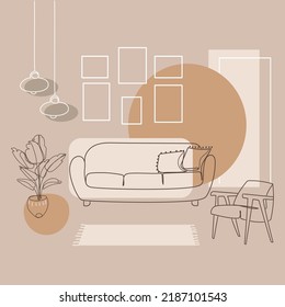 Modern design living room interior line art drawing in abstract style in pastel natural colors,vector graphic.Furniture,sofa,armchair,chandeliers,blank pictures,houseplant.Minimal interior design