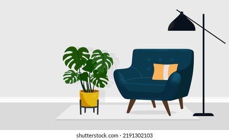 Modern design Living room interior.Vector illustration on a grey background with cozy home concept.