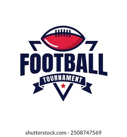 Modern design logo main elements of red American football ball, triangle shape and ribbon with red star at the bottom