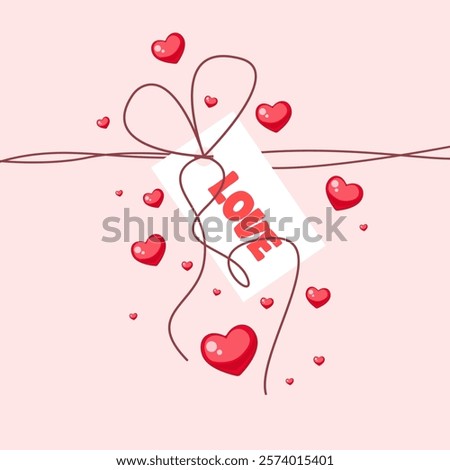 Modern design of a Love postcard template, banner, poster, cover. Fashionable minimalistic aesthetics. A tag with the inscription love on a string and hearts on a pink background. Vector illustration