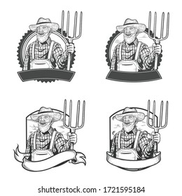 Modern design male farmer vintage character holding pitchfork. Vector illustration
