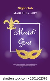 Modern design for mardi gras party, suitable for banners, posters, flyers. Gold confetti, carnival mask, and fleur de lis icon. 