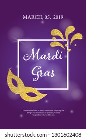 Modern design for mardi gras party, suitable for banners, posters, flyers. Gold confetti, carnival mask icon. 