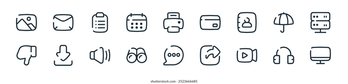 Perfecto para diseños de interfaz de usuario lineal con LCD de Vector, auriculares, videocámara, compartir, comentar, binocular, altavoz y más iconos para App móviles y de Web.