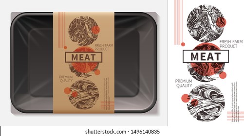 Modern Design Of Meat Food Label Layout. 3d Realistic Foam Tray With Craft Paper Tag Mockup. Sketch Hand Drawn Illustration For Butcher, Pork, Ham, Beef, Fillet, Jamon. Farm Natural Product