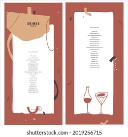 Modern design menu. Composition of abstract shapes, lines, stylized images of a cocktail, cup of coffee, glass of wine or champagne. Vector illustration for bar, restaurant, shop of alcoholic beverage