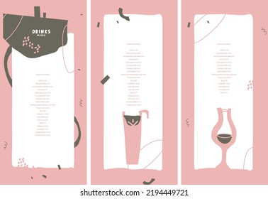 Modern design menu. Composition of abstract shapes, lines, stylized images of a cocktail, cup of coffee, glass of wine or champagne. Vector illustration for bar, restaurant, shop of alcoholic beverage