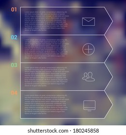 Modern Design Minimal style infographic template layout. Infographics, numbered banner, horizontal cutout lines, graphic or website layout vector with icons on blurred background. 