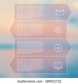 Modern Design Minimal style infographic template layout. Infographics, numbered banner, horizontal cutout lines, graphic or website layout vector with icons on blurred background. 