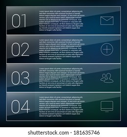 Modern Design Minimal style infographic template layout. Infographics, numbered banner, horizontal cutout lines, graphic or website layout vector with icons on dark background.