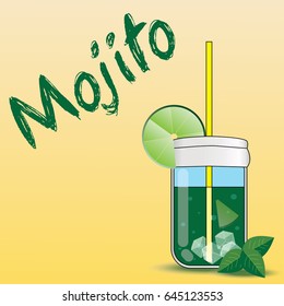 Modern design Mojito vector illustration. Cocktail glass with lime, ice and mint. Elements for food and drink service