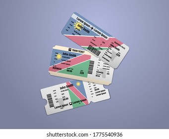 Modern design of Namibia airline, bus and train travel boarding pass. Three tickets of Namibia painted in flag color. Vector illustration isolated