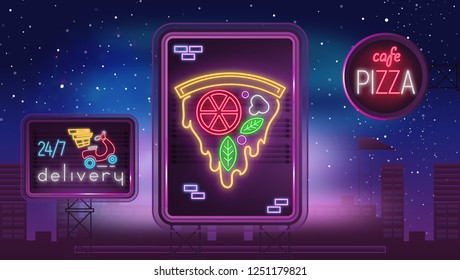 Modern Design of Neon Sign with Pizza Cafe Logo, Emblem. Retro Bright Signboard, Light Banner for Pizzeria and Delivery Pizza in City Street. Billboard on Road. Vintage Billboard. Vector Illustration.
