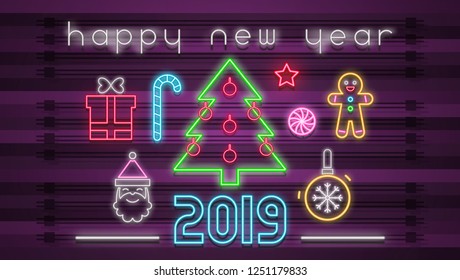 Modern Design of Neon Sign with with Shine Christmas Characters, Objects and Emblems. Retro Bright Signboard, Light Banner for Greeting New Year. Billboard for Road. Vector Illustration.