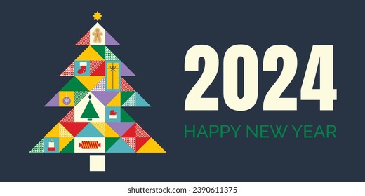 Modern design with new year. Banner template with geometric Christmas tree and festive elements, Colorful vector illustration on dark blue background