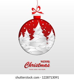 Modern design of New Year or Christmas background, greeting card, invitation, poster, banner. Cutted Christmas trees on background of the cut out Christmas ball. 3d vector illustration.