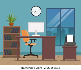 Modern Design of office interior. Office workplace with office table and chair, monitor flat graphic.