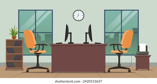 Modern Design of office interior. Office workplace with office table and chair, monitor flat graphic.