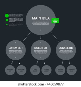 Modern design organization chart template in flat style on dark gray background. Useful for corporate presentations and advertising.