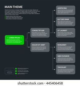 Modern design organization chart template in flat style on dark gray background. Useful for corporate presentations and advertising.