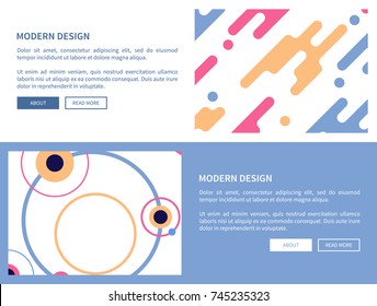 Modern design pages with images of lines and circles, and text sample with headline and buttons placed in frame vector illustration