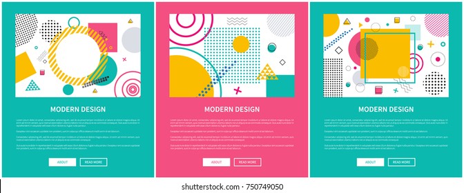 Modern design with pattern, abstraction consisting of shapes, stripes and lines, text below headline and buttons vector illustration