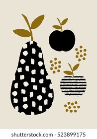 Modern design with pears and apples in black, cream and ochre.