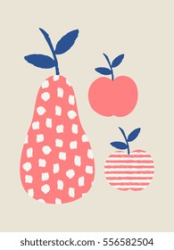 Modern design with pears and apples in blue, pink and cream.