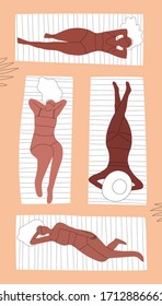 Modern design for phone case with multiracial women of different figure type and size dressed in trendy swimsuits. Girls sunbathe on beach mats. Illustration for web design and print. Vector