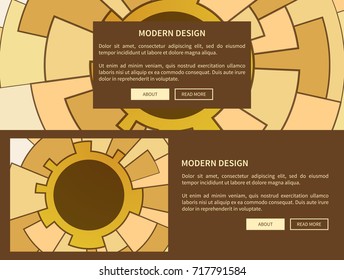 Modern design, picture with circle and circular elements of yellow and brown colors, two web pages with text and buttons vector illustration