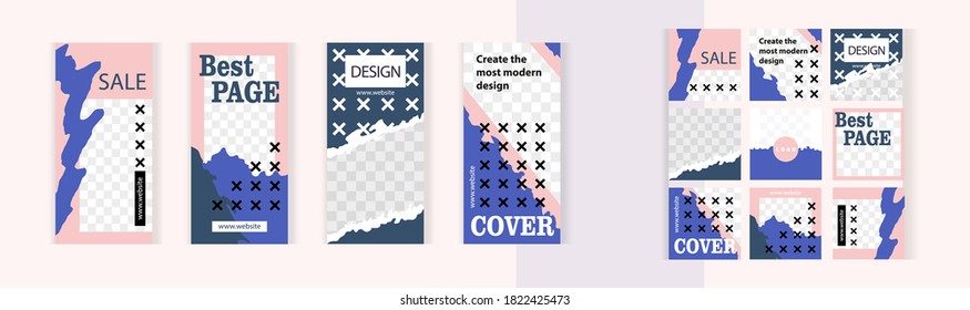 Diseño moderno en rosa y azul. Pequeñas cruces blancas y negras. Conjunto de banners verticales y cuadrados para el diseño de redes sociales, historia e impresión con ventanas para imágenes. 