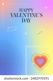 Modern design postcard template of Valentine's day. Hearts with circles and sparkles in trendy retro y2k style. Vector illustration.