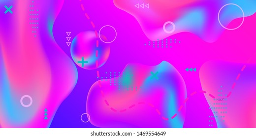 Modern design poster with 3d flow shape. Bright smooth mesh is blurred by a futuristic pattern in pink, blue, green, yellow, purple tones. Trendy creative vector cosmic gradient. 