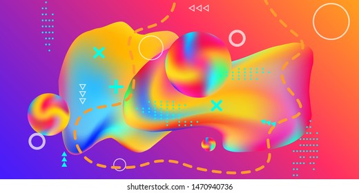Modern design poster with 3d flow shape. Bright smooth mesh is blurred by a futuristic pattern in pink, blue, green, yellow, purple tones. Colorful rainbow gradient.  