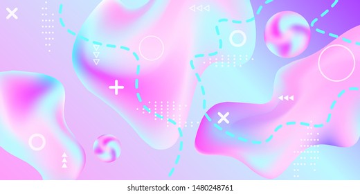 Modern design poster with 3d flow shape. Bright smooth mesh is blurred by a futuristic pattern in pink, blue, purple tones. Gentle serene background. Colorful rainbow gradient.  